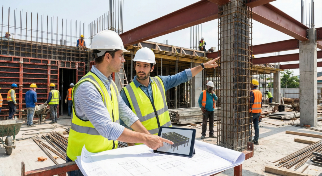 dois engenheiros calculistas ao lado de ferragens de obra, num dia de sol