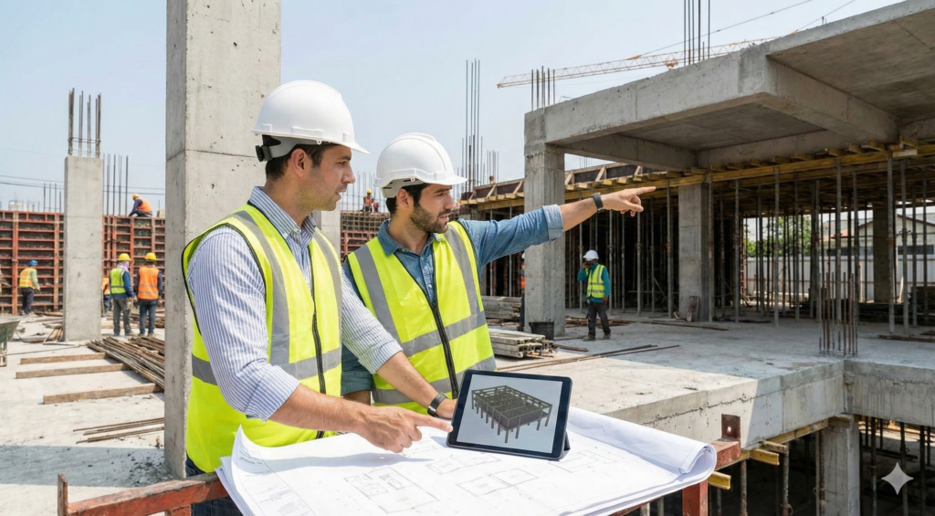 Engenheiro Estrutural em cima da laje com pilares