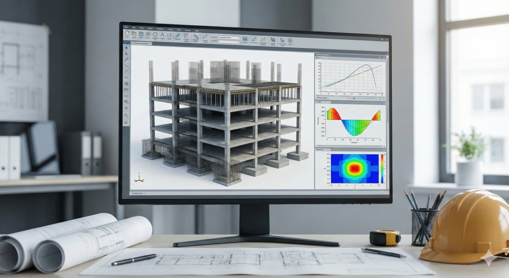 Foto de um projeto estrutural sendo mostrado na tela do computador com cálculos e gráficos