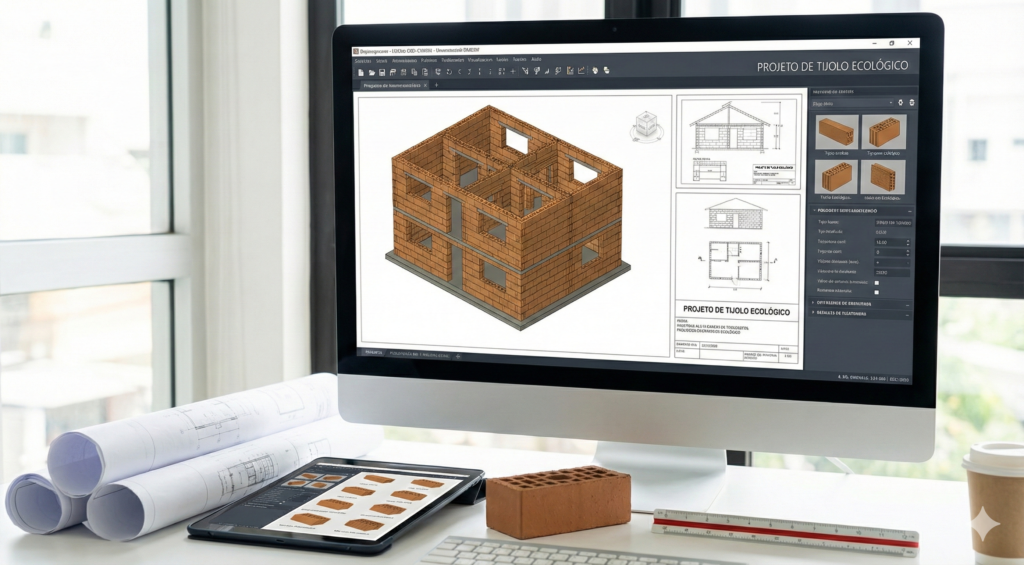 Foto de um computador com Projeto de Tijolo Ecológico na tela