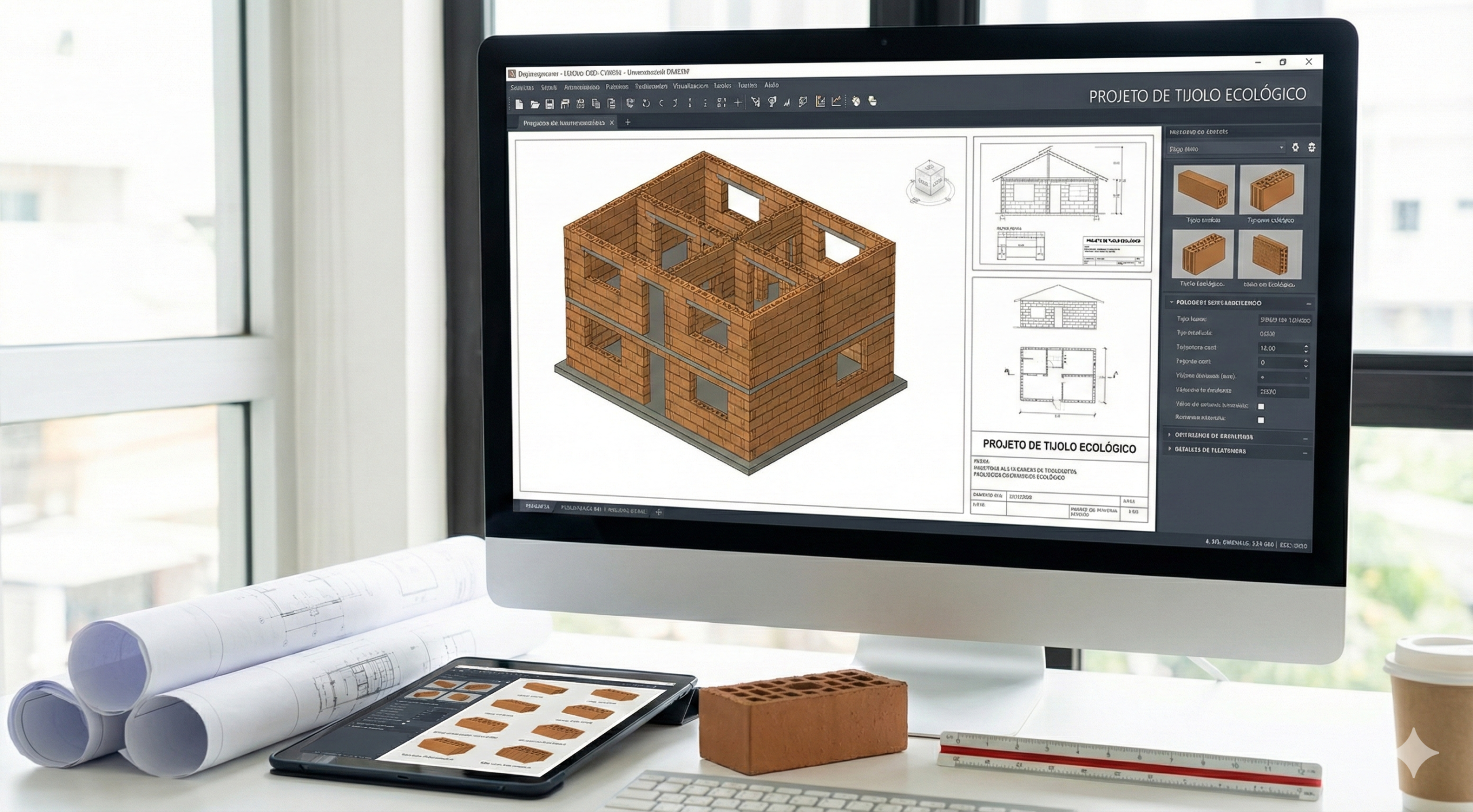 Foto de um computador com Projeto de Tijolo Ecológico na tela