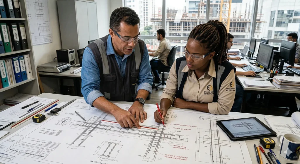 Engenheiros analisando projeto de ferragem em planta estrutural