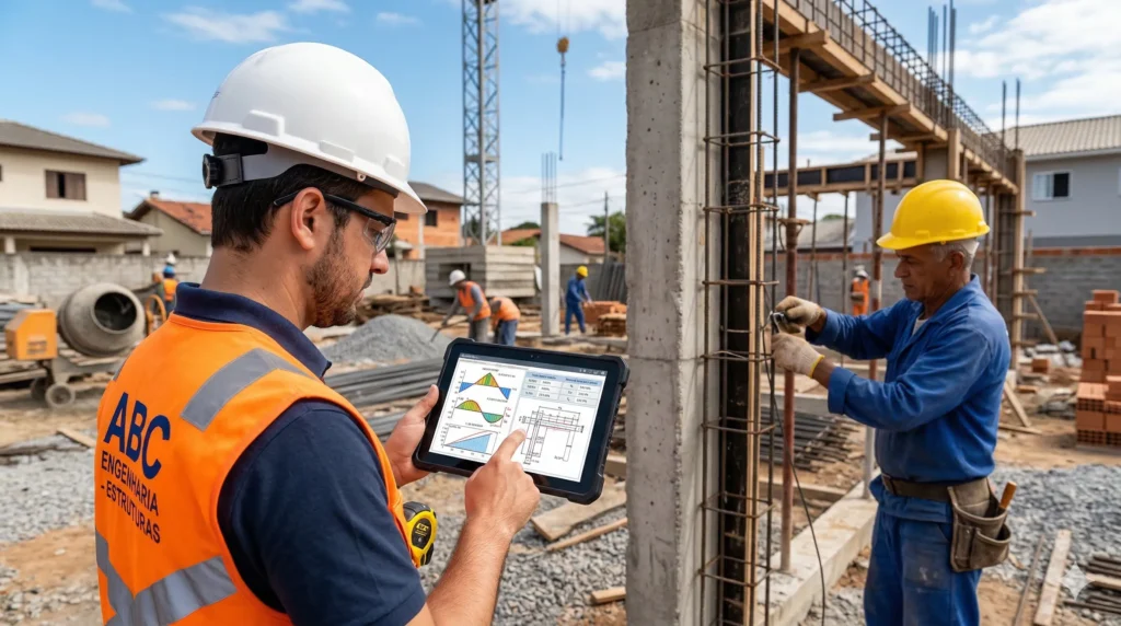 Pedreiro escorando pilar e viga em obra de construção civil após calcular
